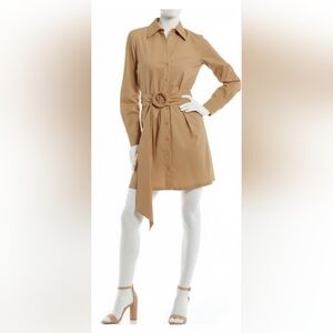 Retro Monochromatic Camel Poplin Medium Belted Long Sleeve Mini Shirt Dress New